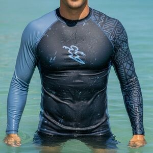 DA HUI Men’s Long Sleeve Rashguard with Black & Blue Tribal Print